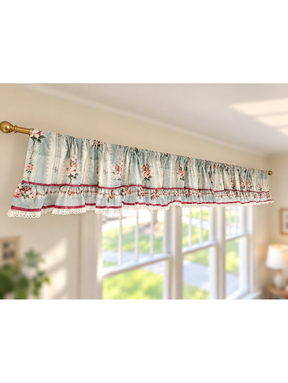 Vintage Croscill Priscilla Floral Ruffled Valance Curtains Pair 84x15 Cottage